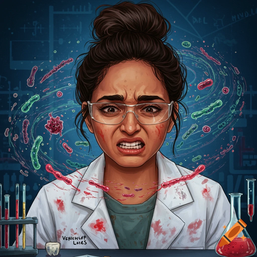 Illustration of a distressed scientist in a lab coat with microbes and lab equipment.