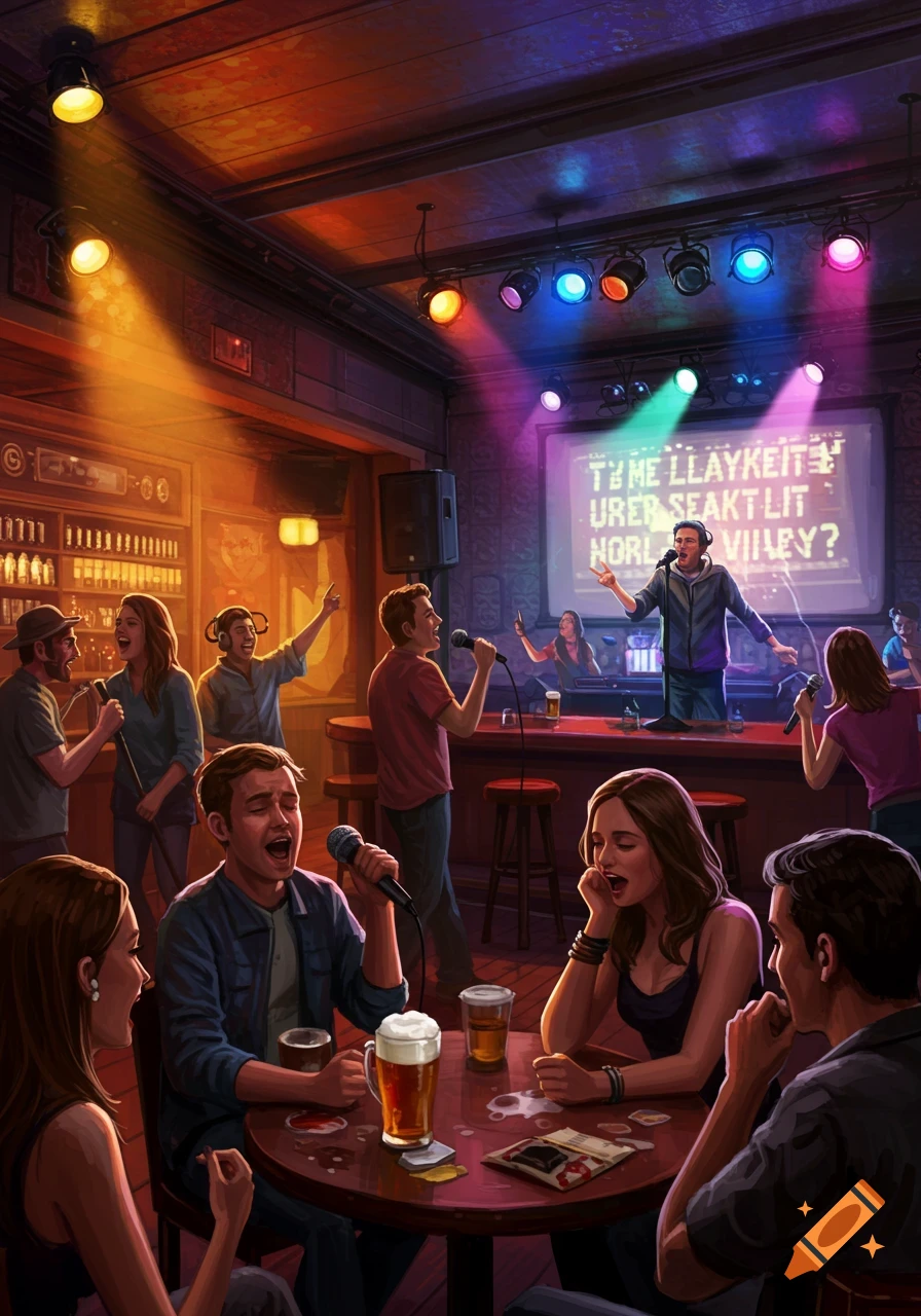 Illustration of people singing karaoke in a busy brewpub with beer and stage lights.