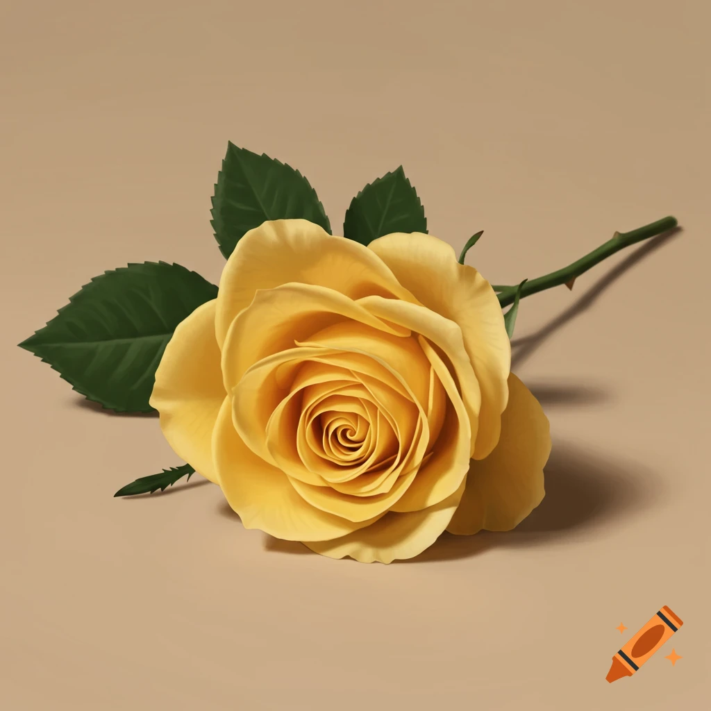 A single yellow rose with green leaves and stem lies on a light brown background.