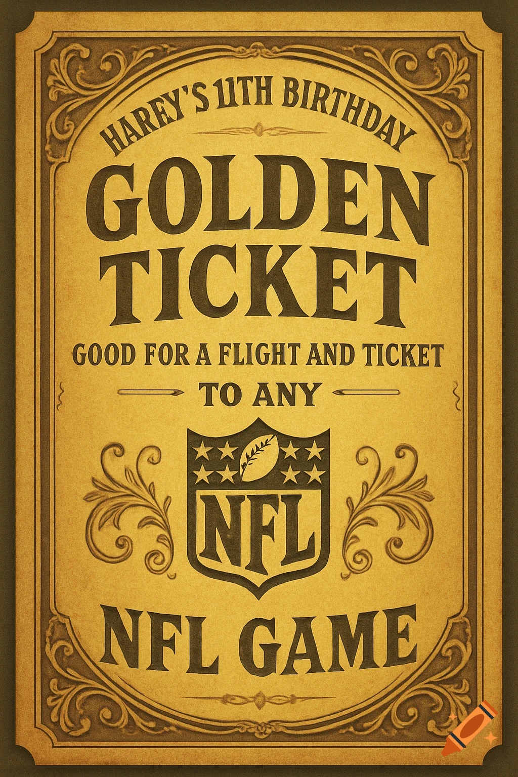 A vintage-style golden ticket for Harry's 11th birthday, good for a flight and ticket to any NFL game.