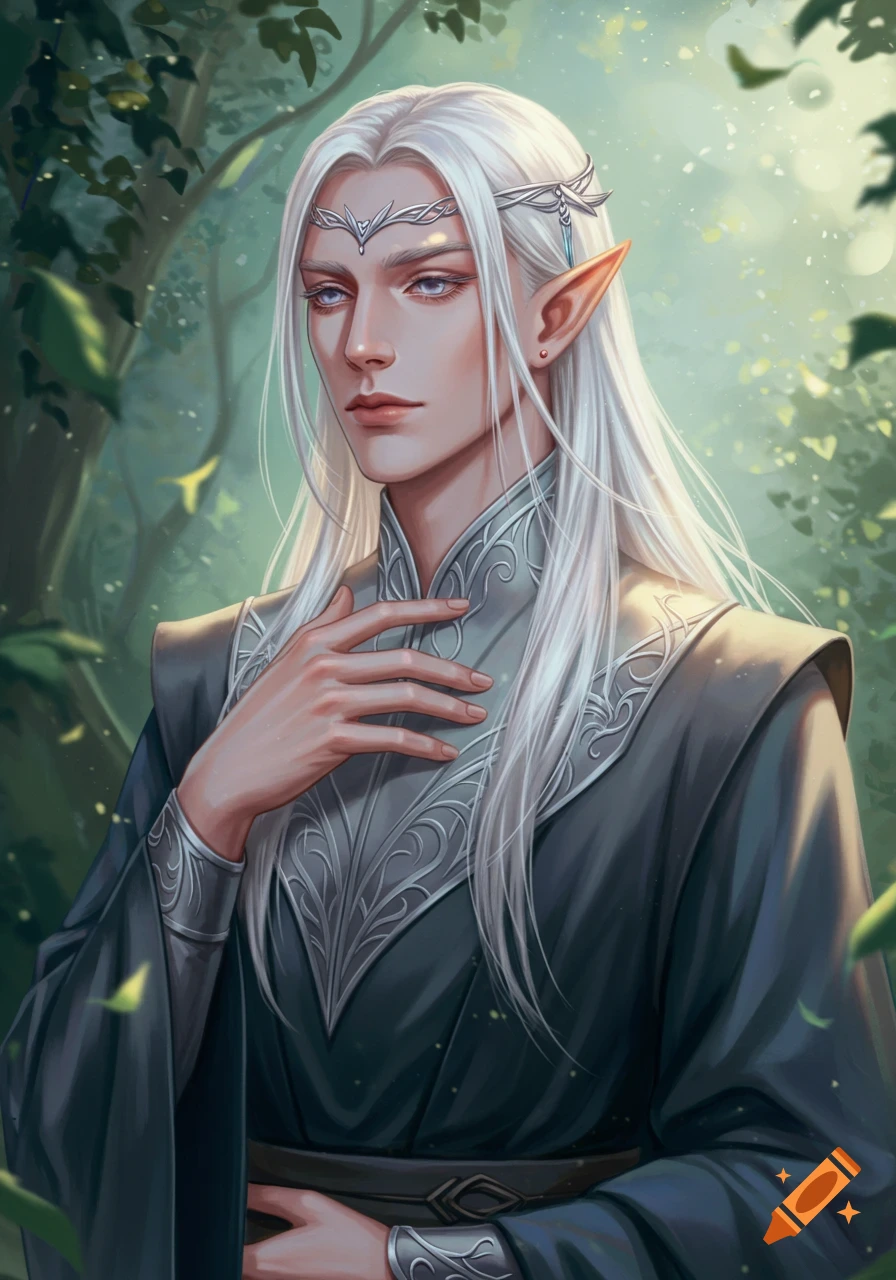 Portrait of an elven man with white hair and pale blue eyes in a forest ...