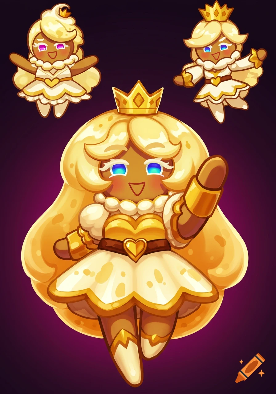 A stylized blonde female character with a crown in the Cookie Run Kingdom style, with two smaller versions floating above.