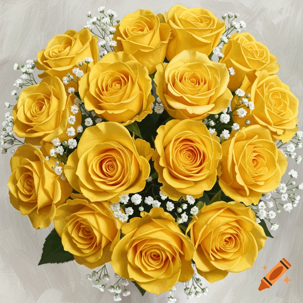 Close-up of a bouquet of bright yellow roses and white baby's breath