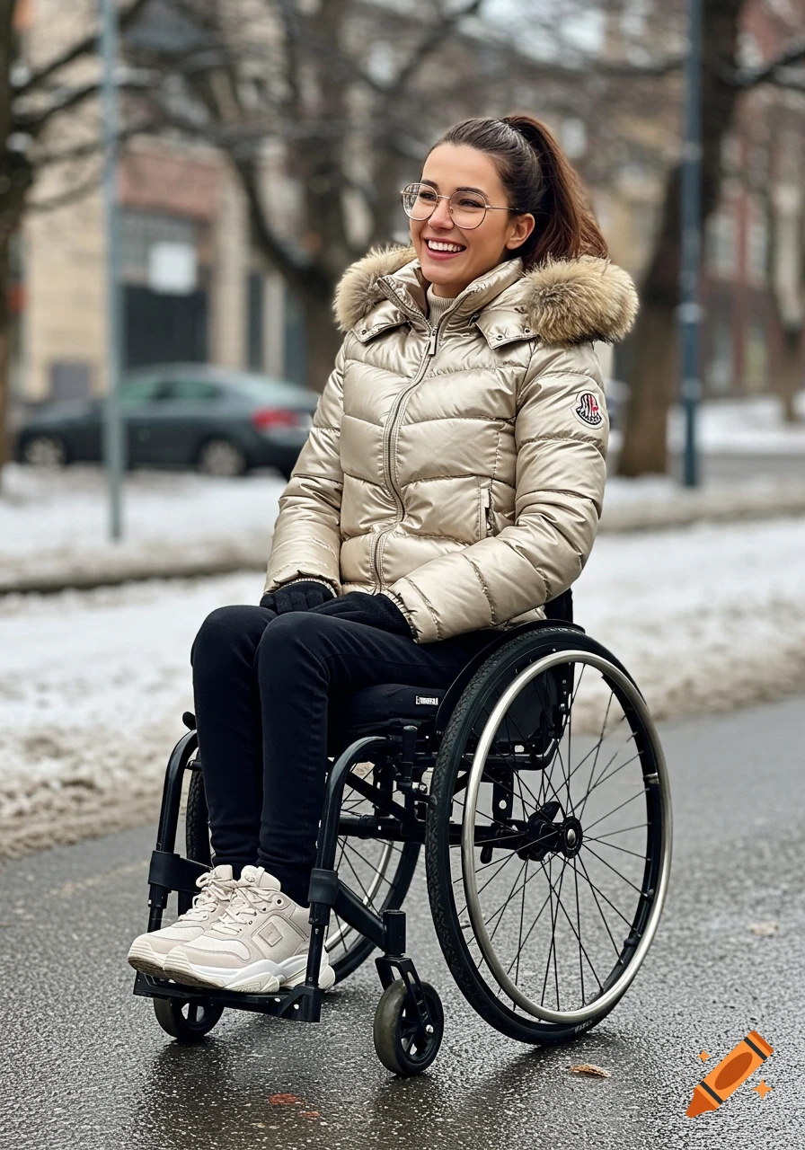 A smiling woman in a shiny gold puffer jacket and glasses sits in a wheelchair on a snowy street.