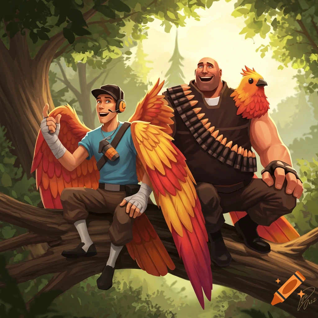 Team Fortress 2 Scout and Heavy with large wings sit on a forest branch posing like birds.