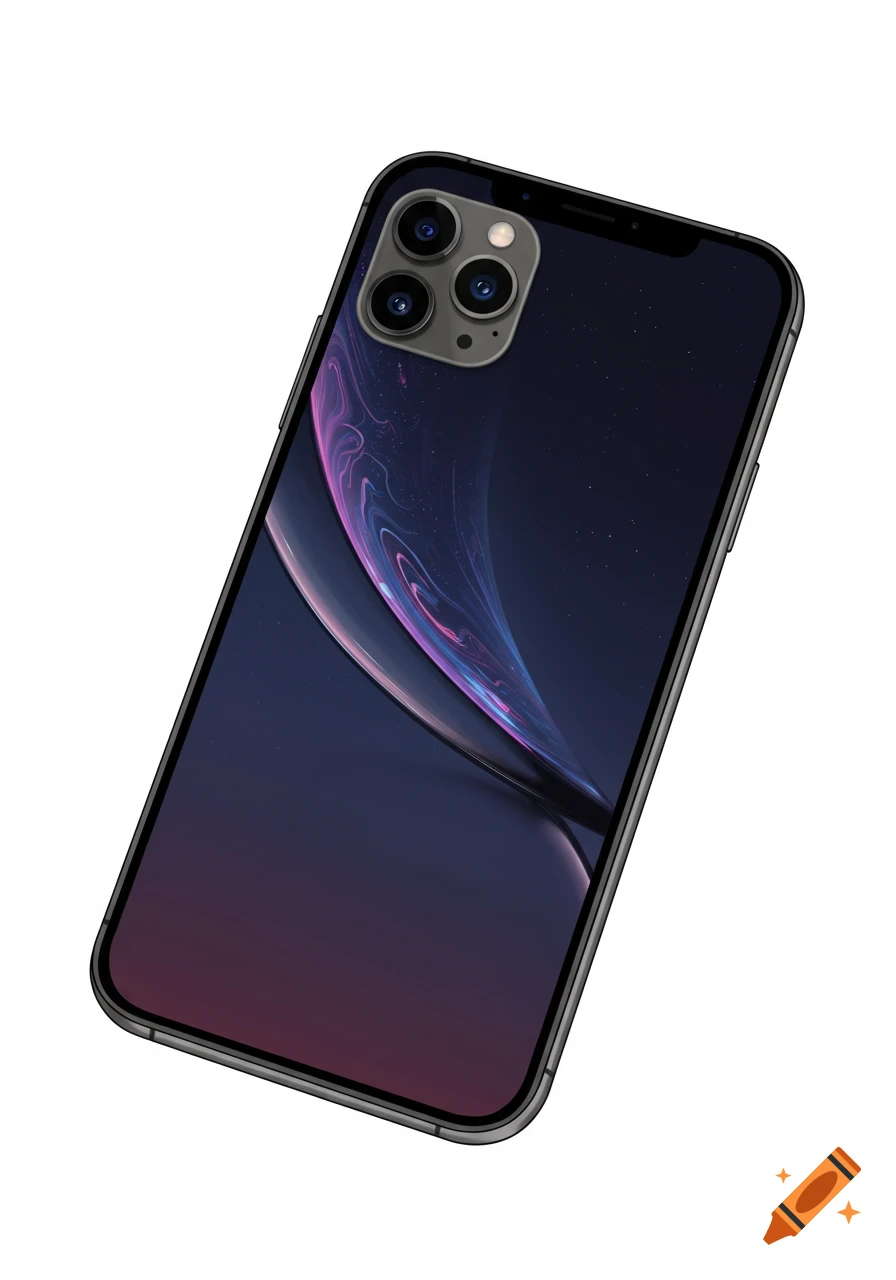 A photorealistic rendering of a dark grey smartphone showing a purple and pink abstract wallpaper.