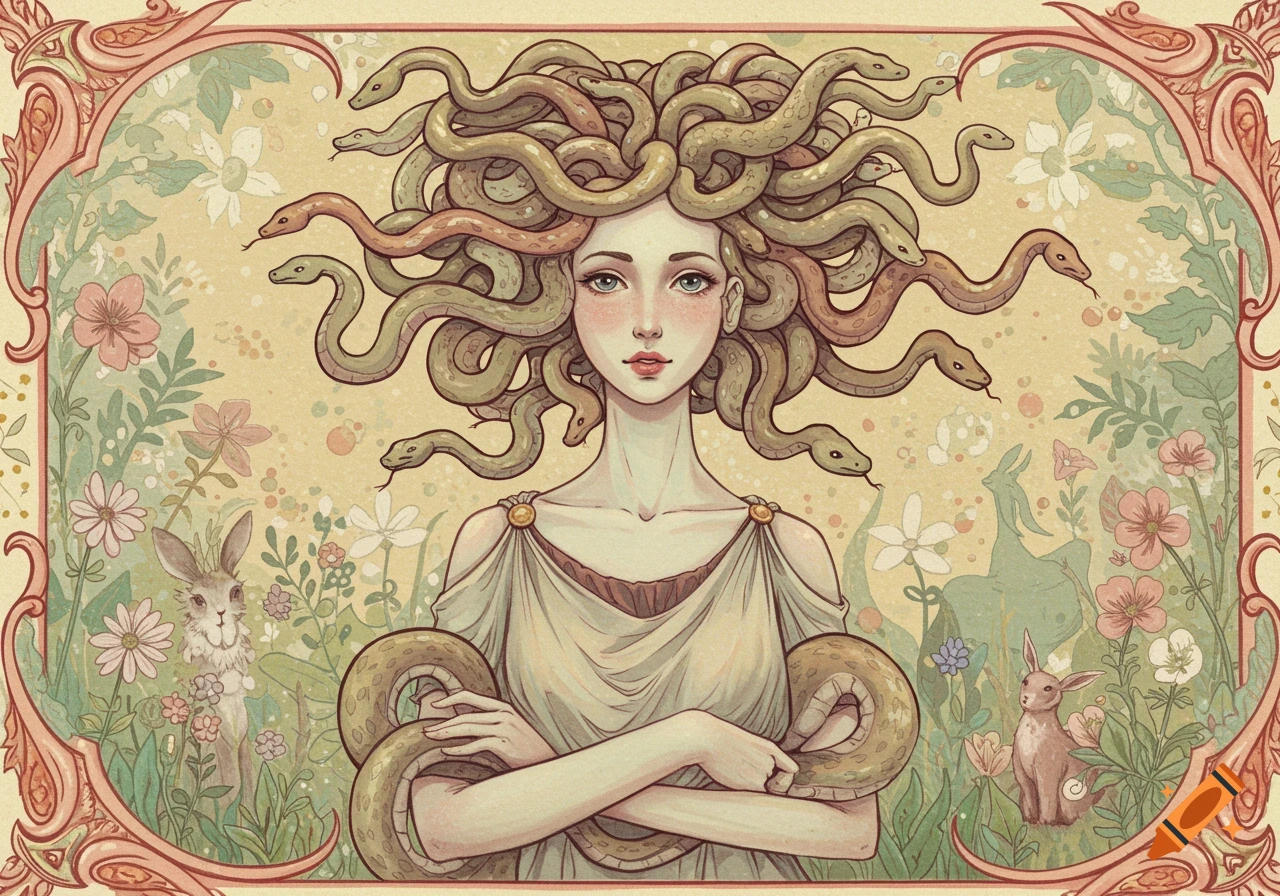 Stylized illustration of Medusa with snakes for hair, wearing a toga, surrounded by flowers and rabbits in a decorative frame, in an Art Nouveau style.