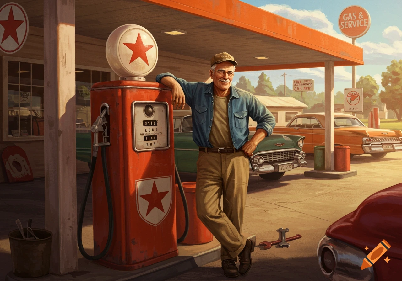 A man stands beside a vintage gas pump at a retro gas station with old cars in the background.