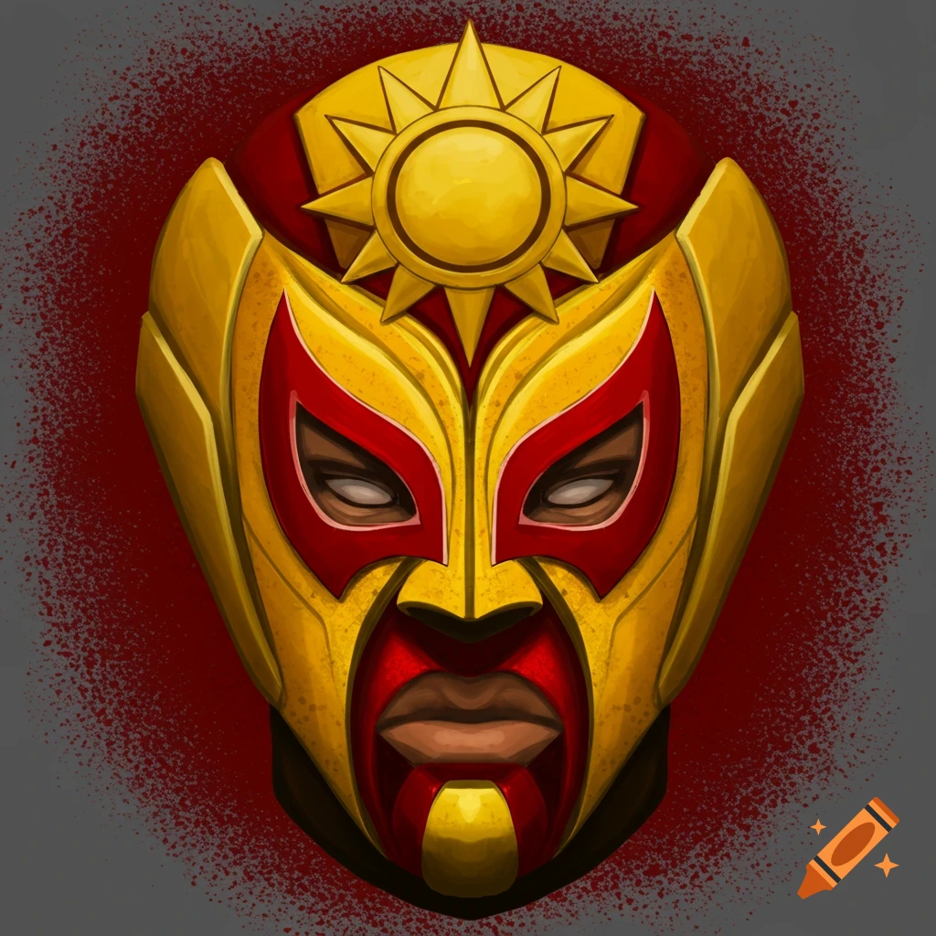 A stylized golden and red luchador mask with a sun symbol on the forehead.