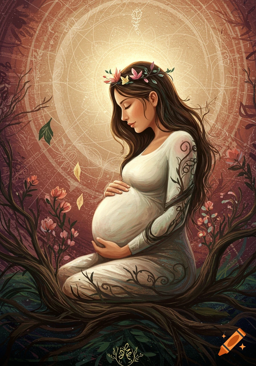 Illustrated pregnant woman sitting in roots with hands on belly, surrounded by nature and spiritual symbols.