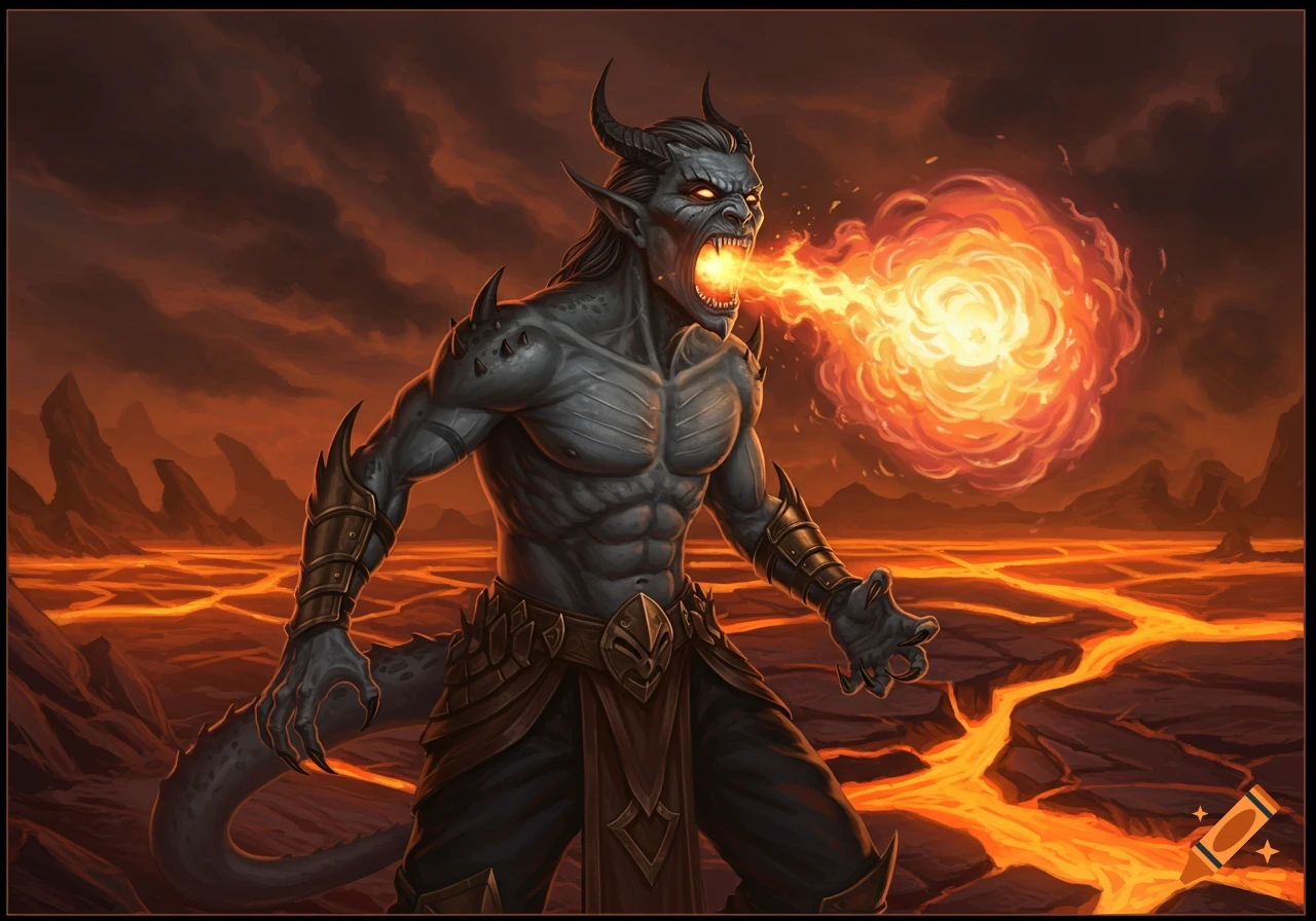 A grey-skinned demonic creature with horns breathes fire standing on a molten rock plateau.
