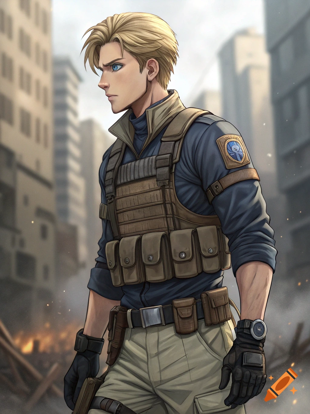 Anime style character, blonde man in tactical vest and gloves, standing in an urban setting.