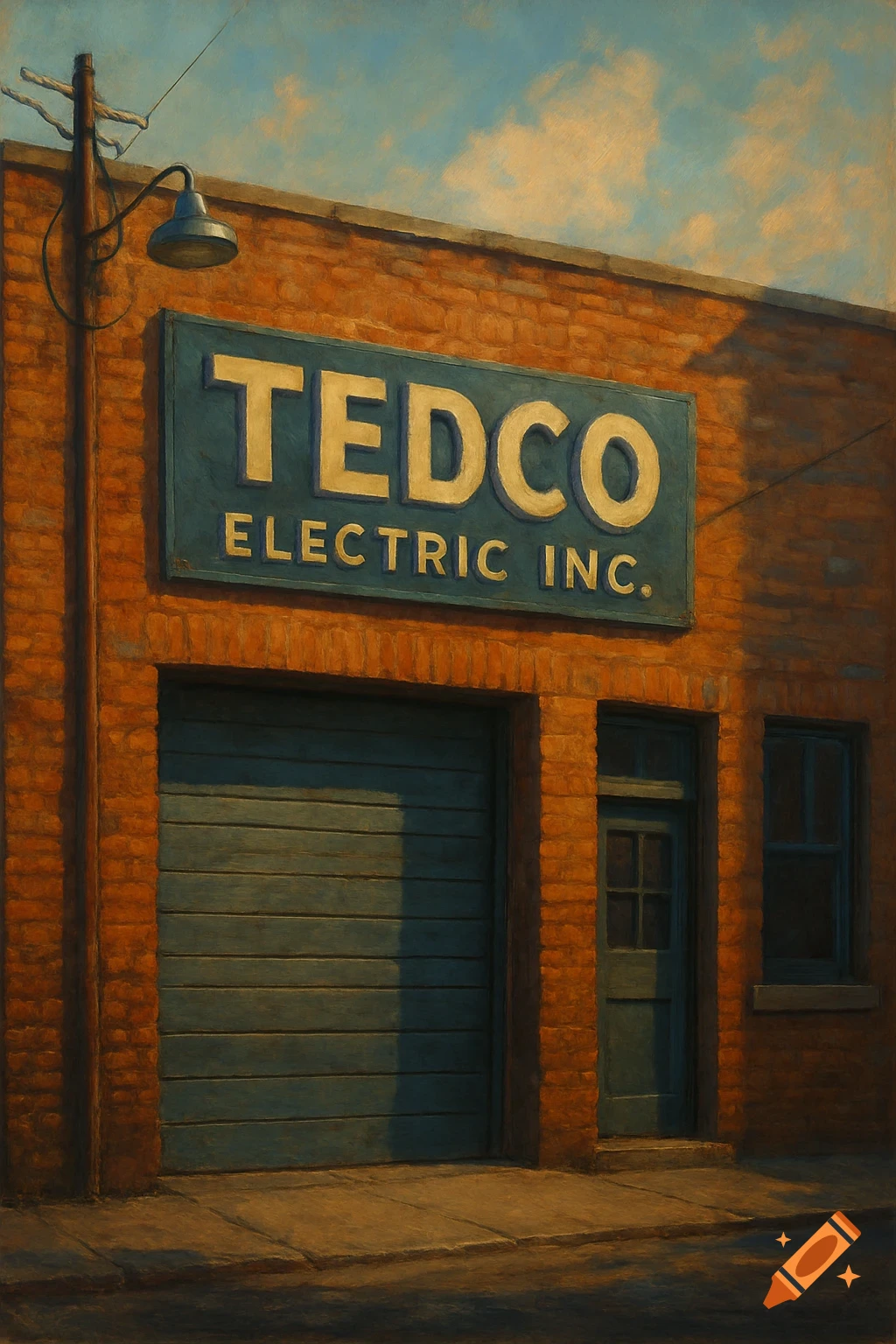 Painting of an old brick building with a sign reading "TEDCO ELECTRIC INC." above a garage door.