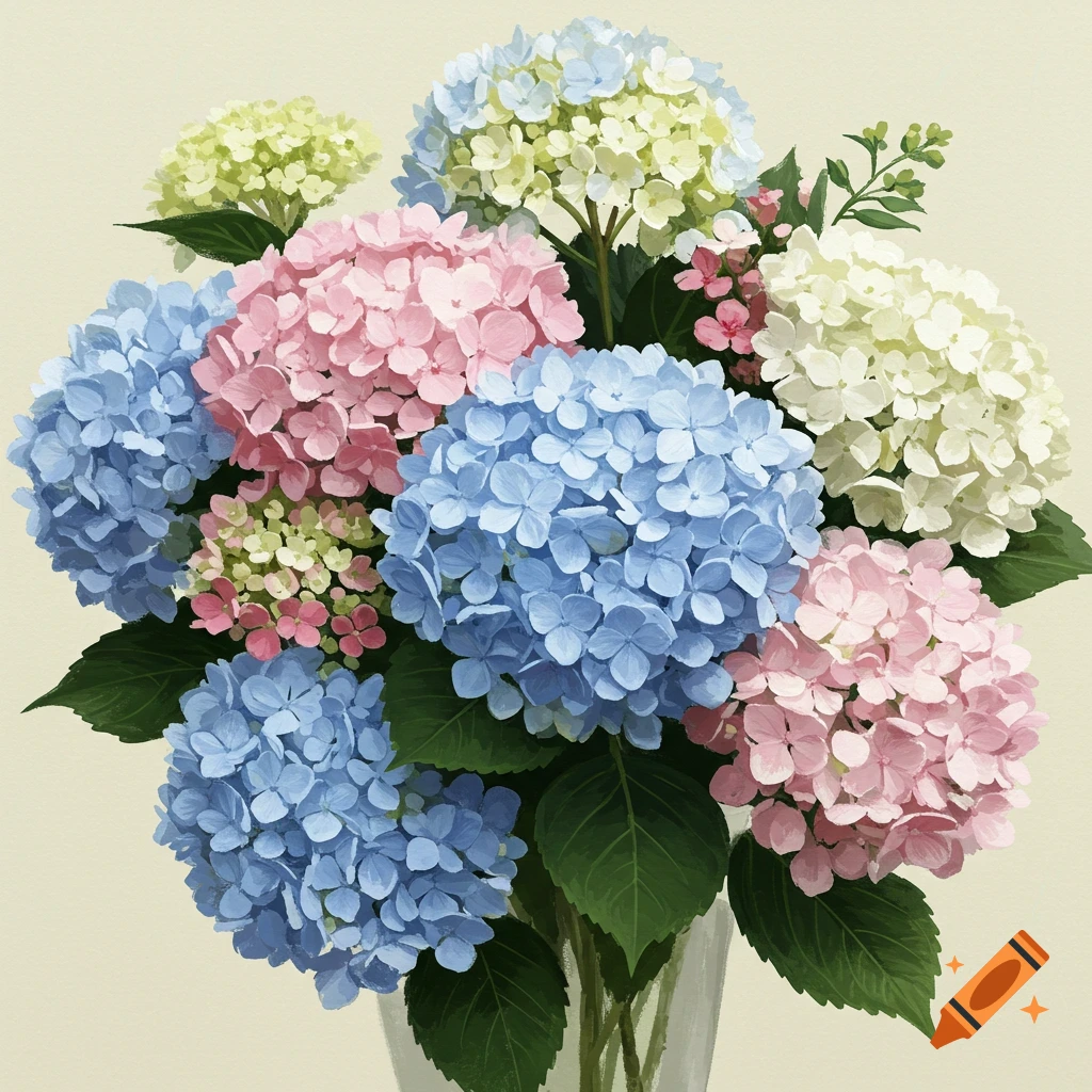A bouquet of pink, blue, and white hydrangeas.