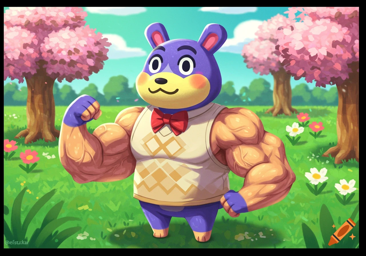 Beau from Animal Crossing with large muscles in a grassy field with pink cherry blossom trees.