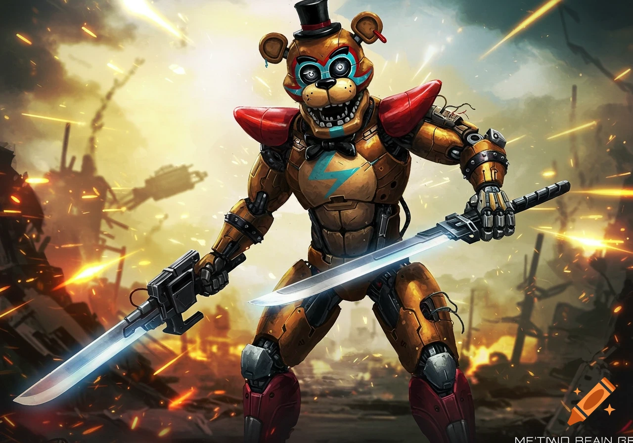 Armored robot bear (Freddy Fazbear) with swords in a battle-torn city landscape