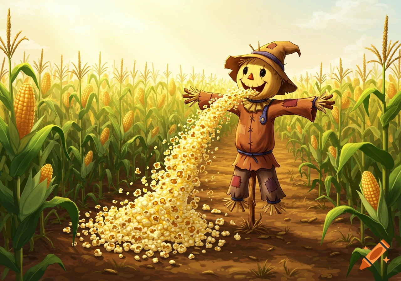Cartoon scarecrow in a sunny cornfield shoots popcorn fountain from mouth