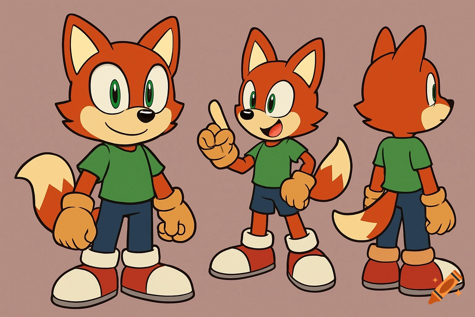 Character reference sheet of a cartoon fox in the Sonic style