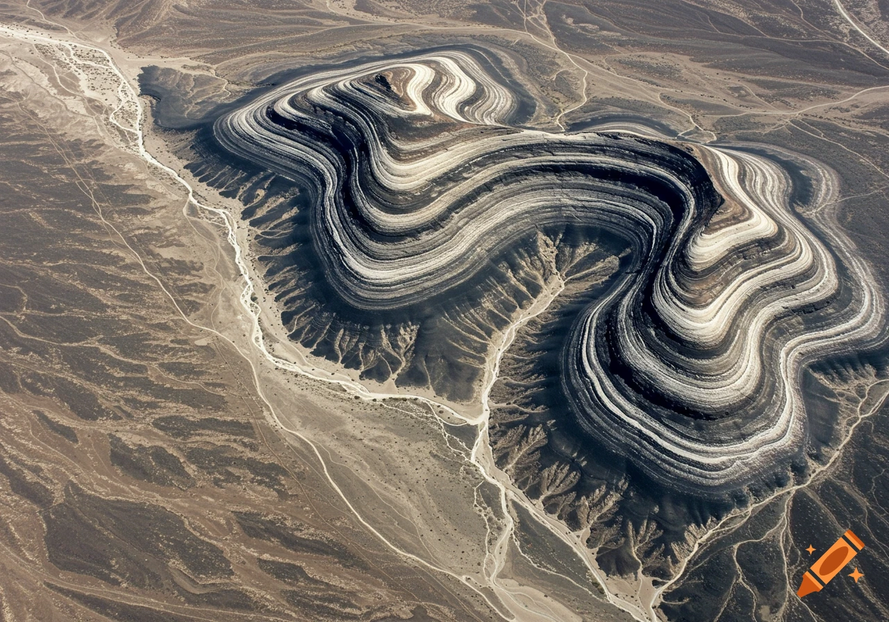 Aerial view of a desert geological formation with wavy black and white rock layers.