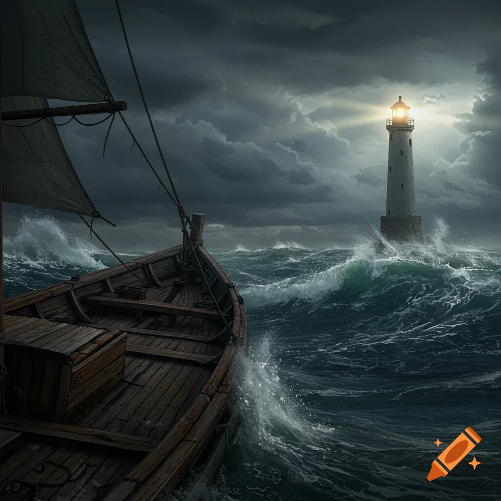 A boat navigates a rough, stormy sea towards a distant, shining lighthouse.