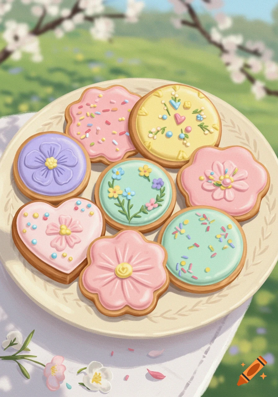 A plate of colorful, decorated spring-themed cookies sits outdoors under blooming trees.
