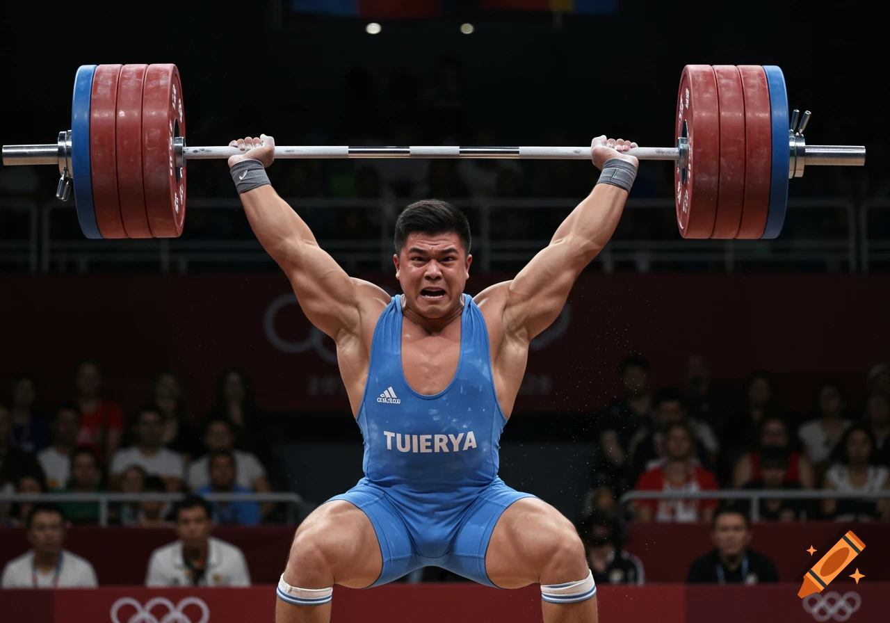 Male weightlifter performing a snatch lift during a competition