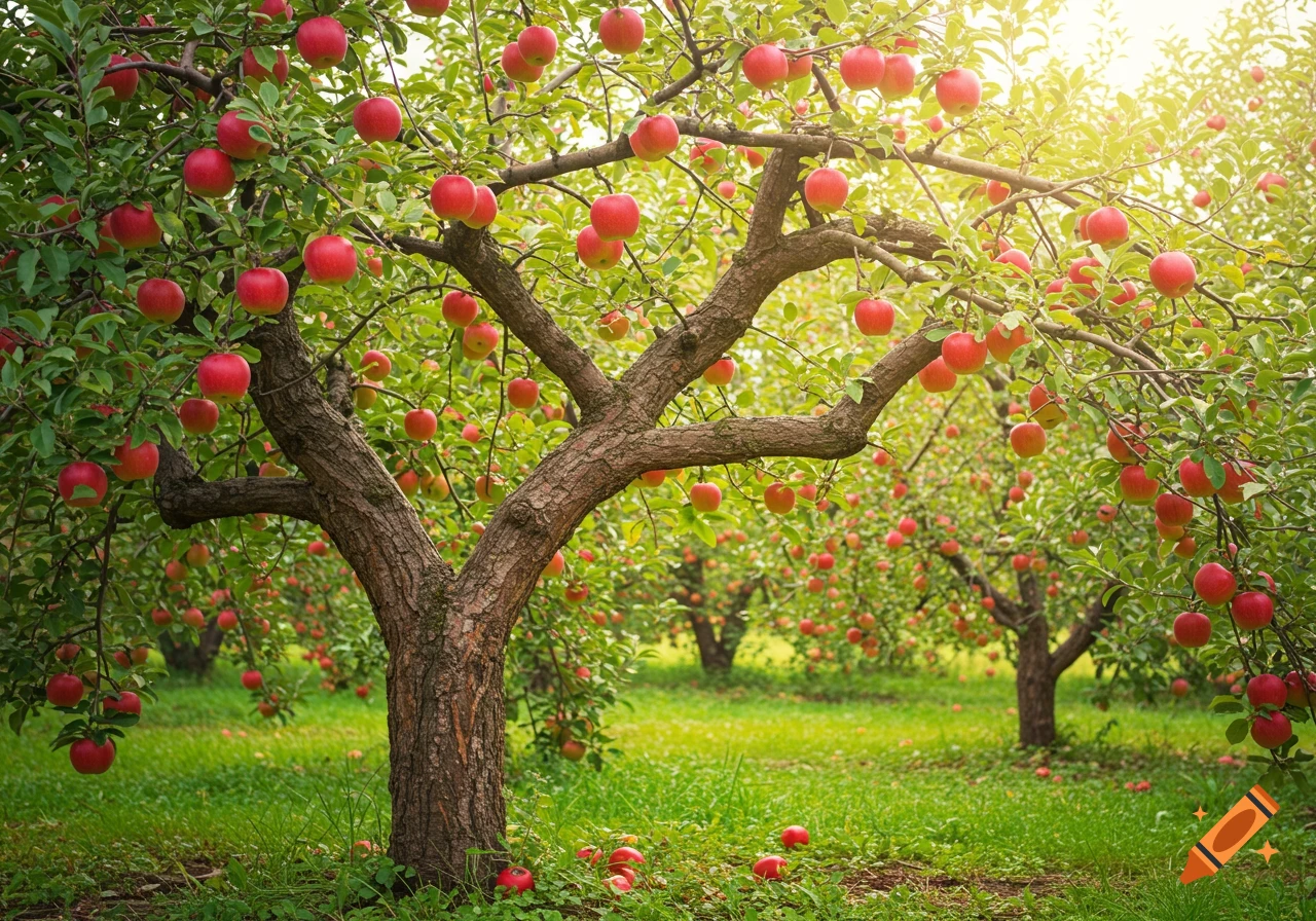 Sunlight streams into a vibrant orchard full of apple trees laden with bright red apples.