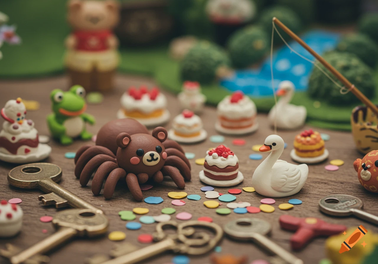 Diorama of clay models: bear-spider, frog, swans, cakes, keys, confetti on wood.
