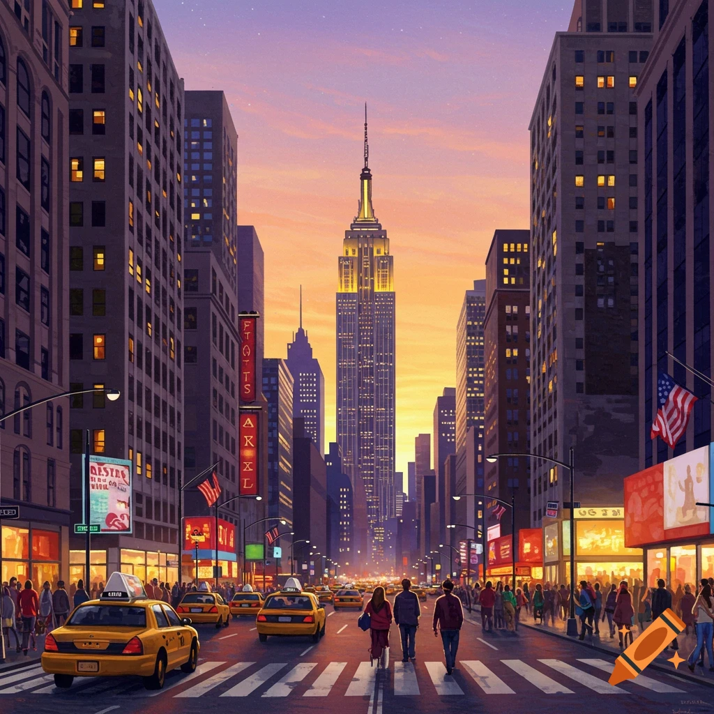 A stylized view down a busy street in New York City towards the Empire State Building at sunset, with yellow taxis and pedestrians.