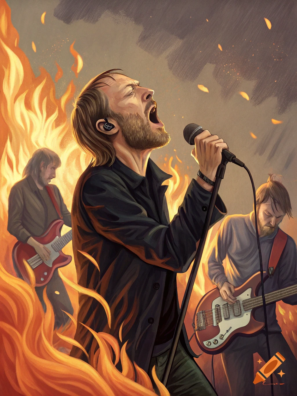 Illustration of a rock band performing on stage surrounded by fire.