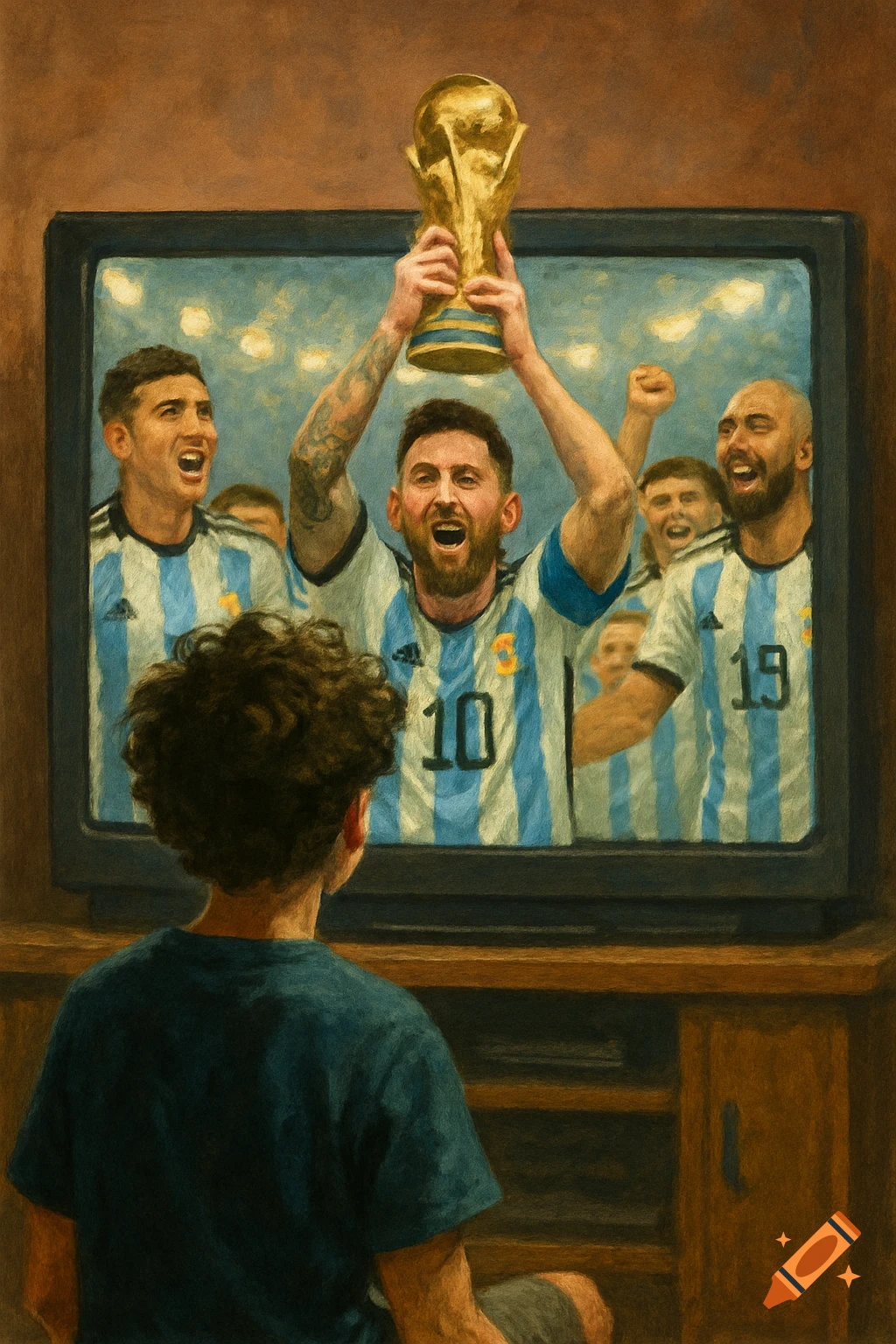 A boy watches a TV screen showing Argentinian footballers lifting the World Cup trophy, painted style.