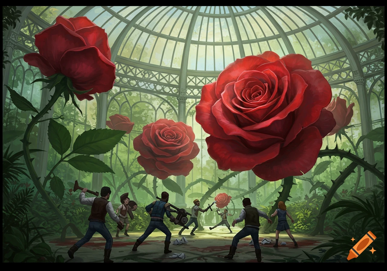 Humans fight giant red roses with thorns inside a massive greenhouse.