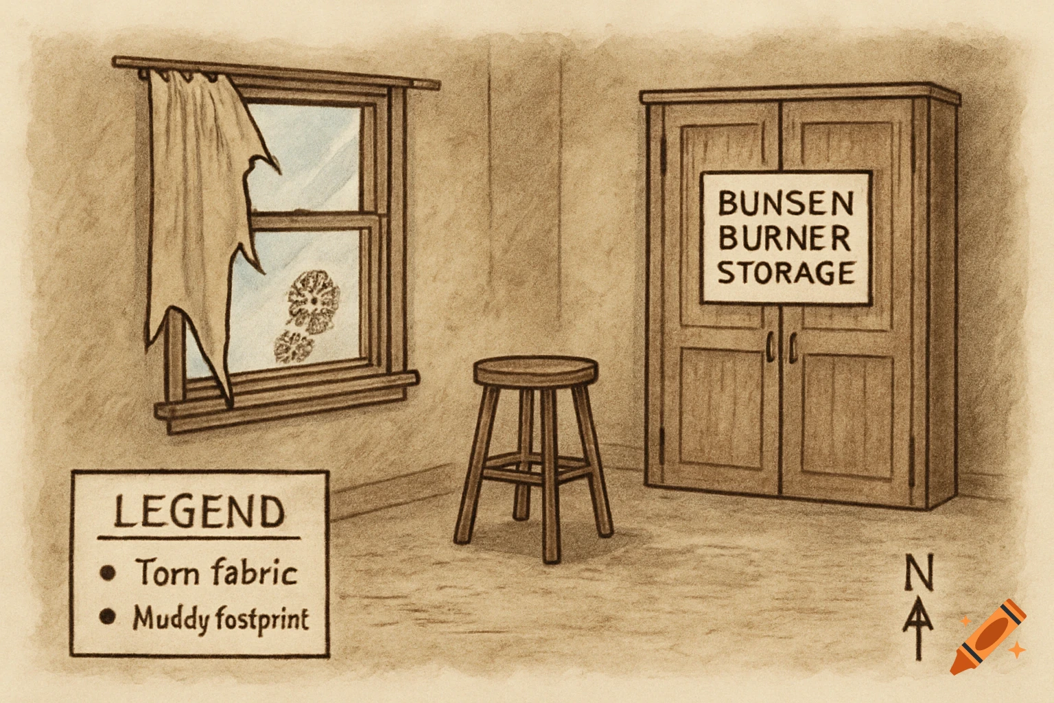 Illustration of a room crime scene: window with muddy footprints and torn curtain, stool, 'Bunsen Burner Storage' cabinet, legend, compass.