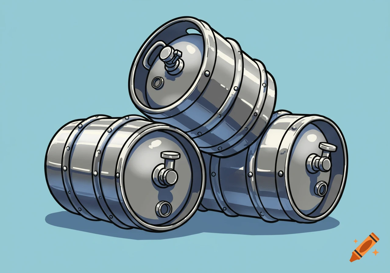 Cartoon style illustration of three metal chrome beer kegs piled up