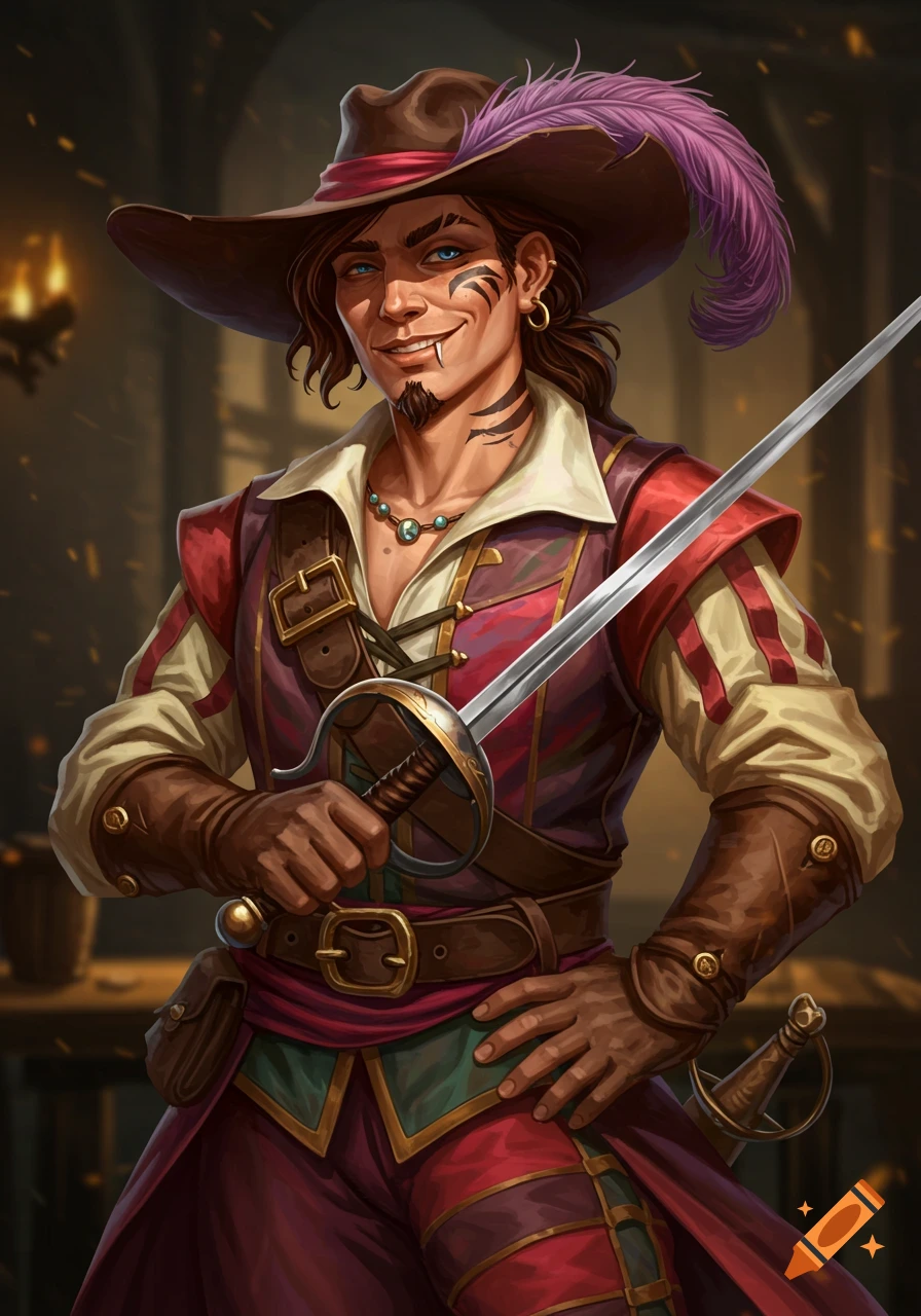 Portrait of a fantasy swashbuckler character with a feathered hat, holding a rapier.