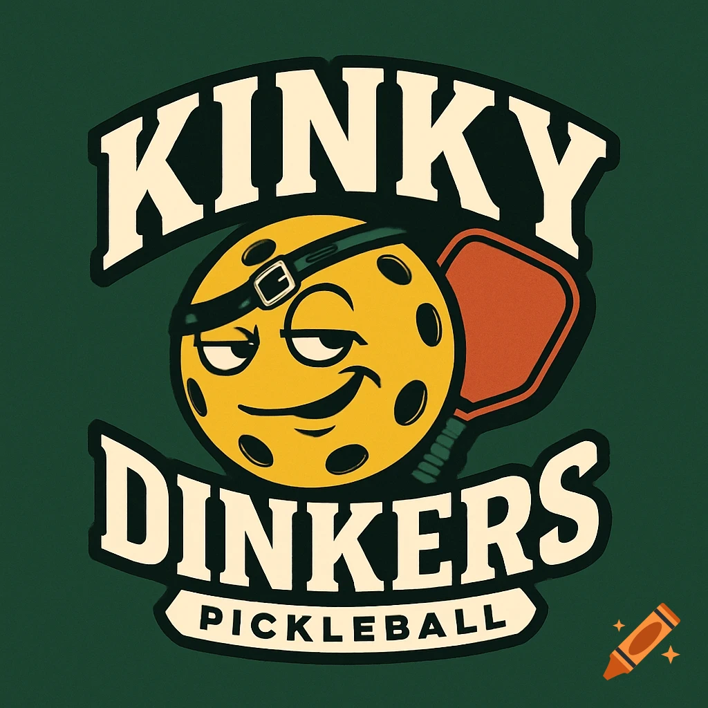 Logo for Kinky Dinkers Pickleball featuring a pickleball character with an eyepatch and paddle.