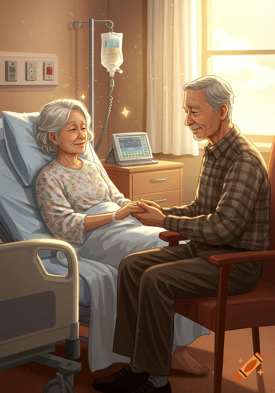 Illustration of an elderly couple holding hands in a hospital room with warm light.