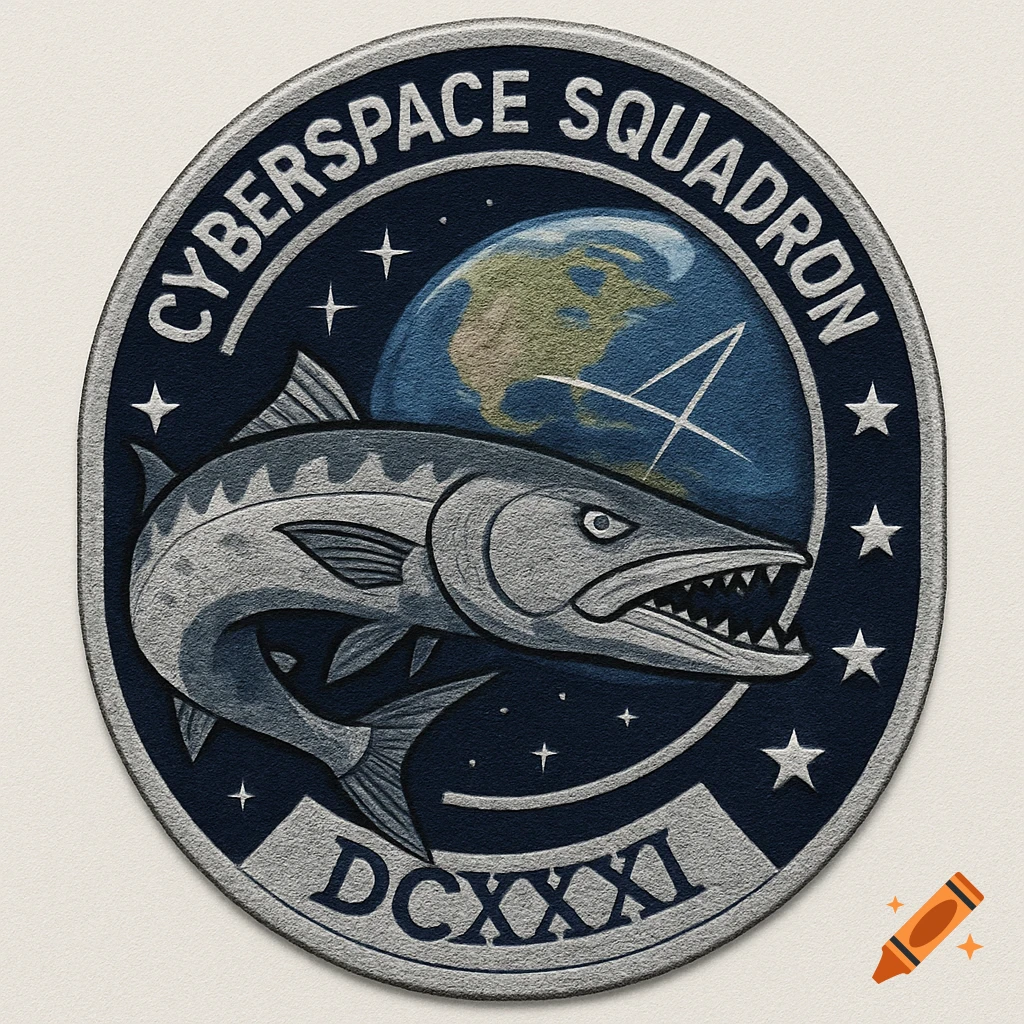 Embroidered patch with a barracuda, Earth, stars, and text 'CYBERSPACE SQUADRON DCXXXI'