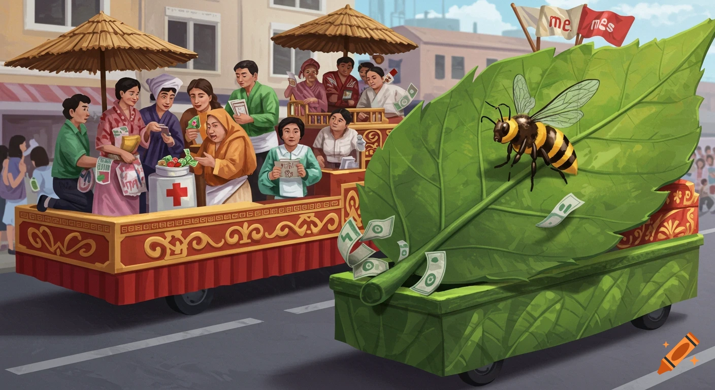 Illustration of a festival parade with two floats: one with people giving items, one with a giant leaf and bee.