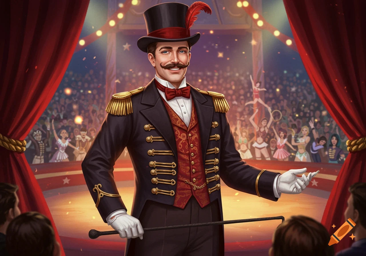 A ringmaster in a top hat and costume stands on a stage in front of a crowd at a circus.