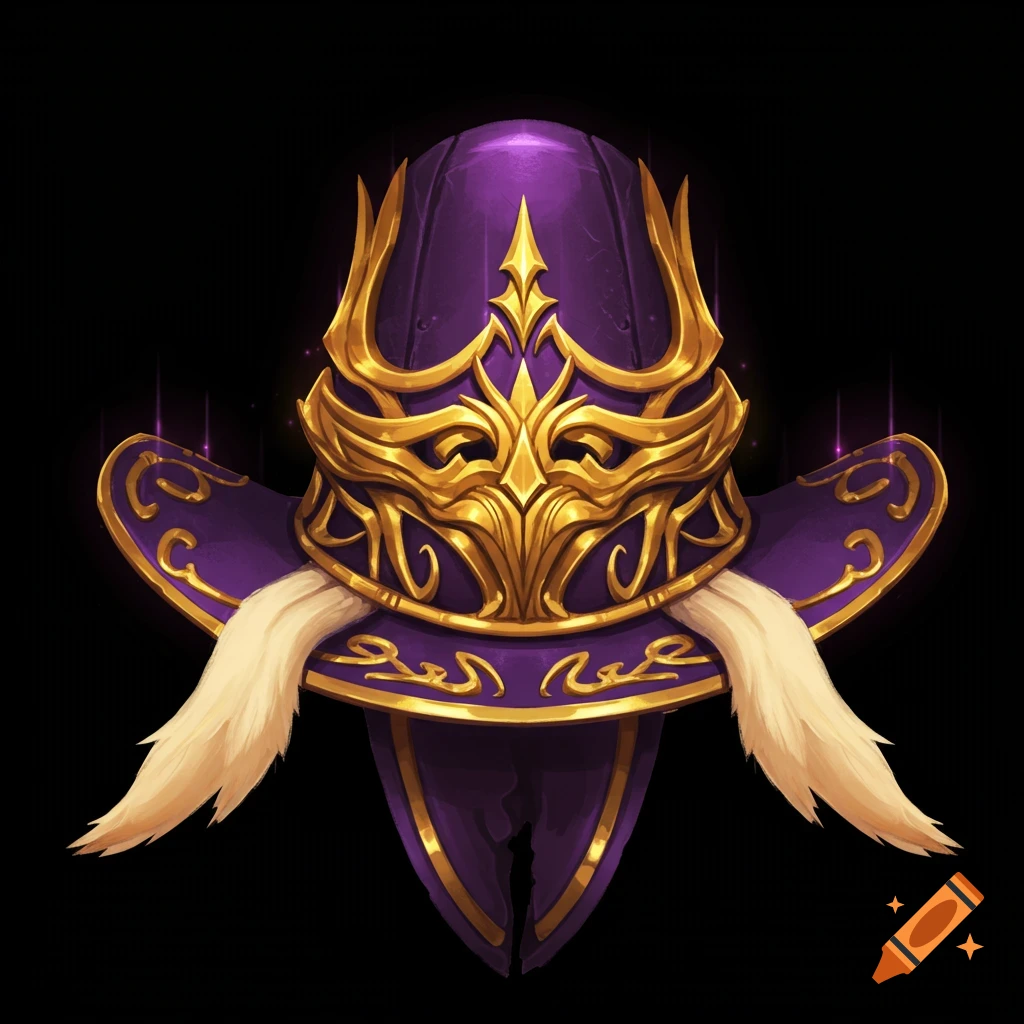 A close-up illustration of a purple and gold fantasy hat with intricate gold patterns and white fur trim on a black background.