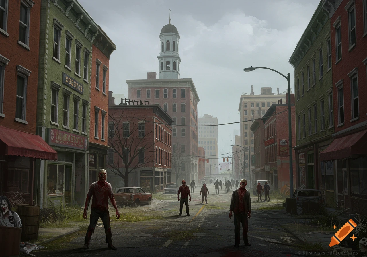 Zombies walk down a decaying street in a city under a gloomy sky.