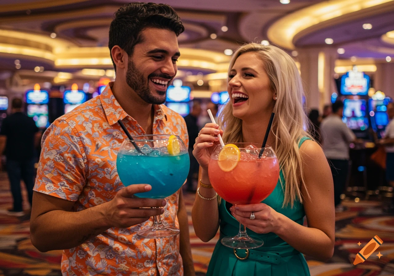 Couple laughing and drinking giant cocktails in a Las Vegas casino
