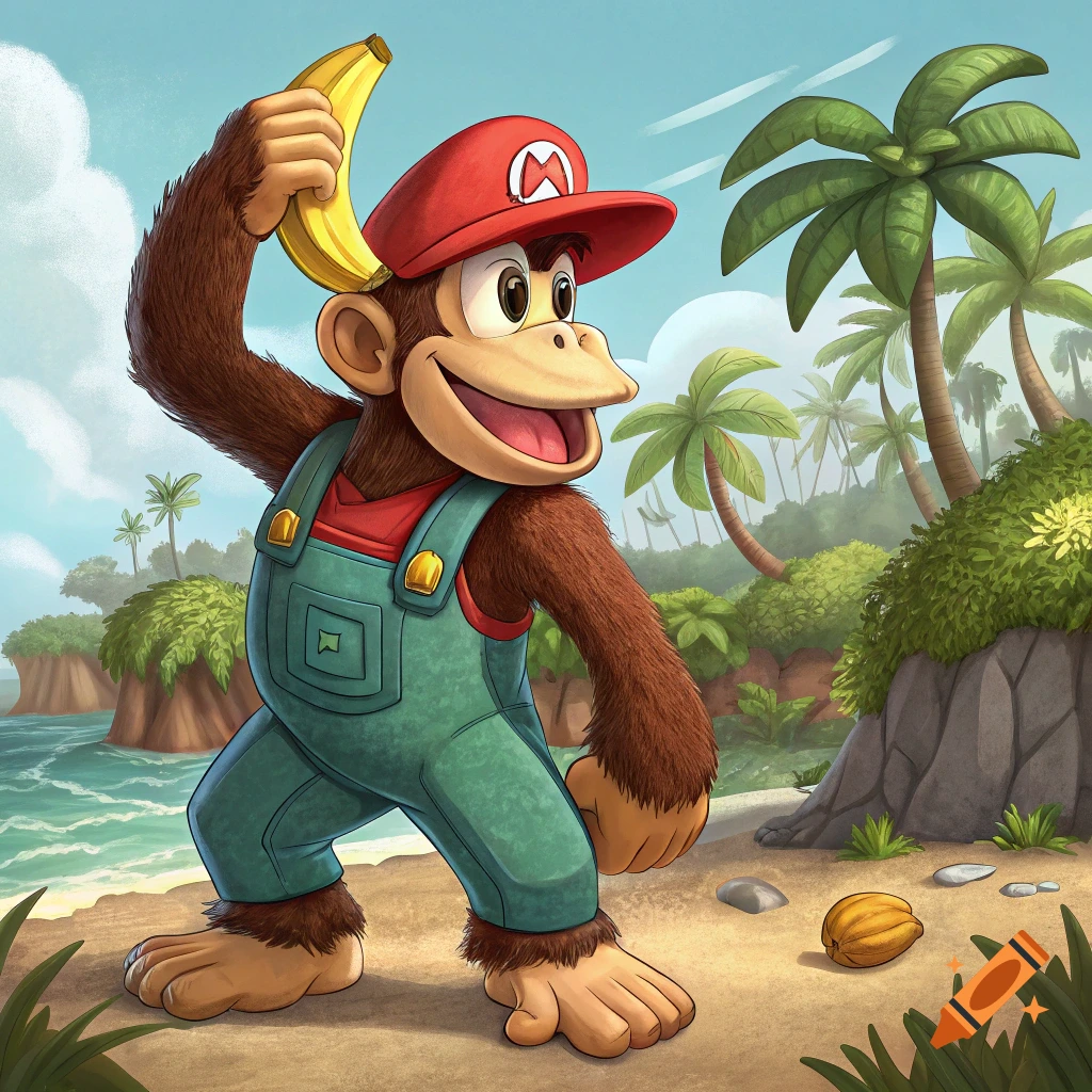 Cartoon monkey in red hat and overalls holding a banana on a tropical beach.