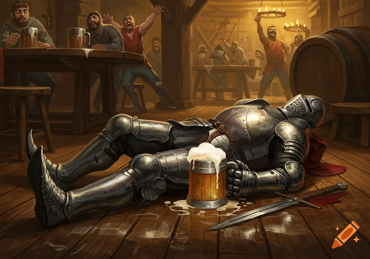 Knight in full armor passed out on the floor of a busy medieval tavern, holding a mug of spilled beer, with people cheering in the background.