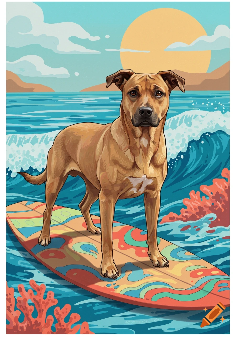 Illustration of a dog on a surfboard riding a wave
