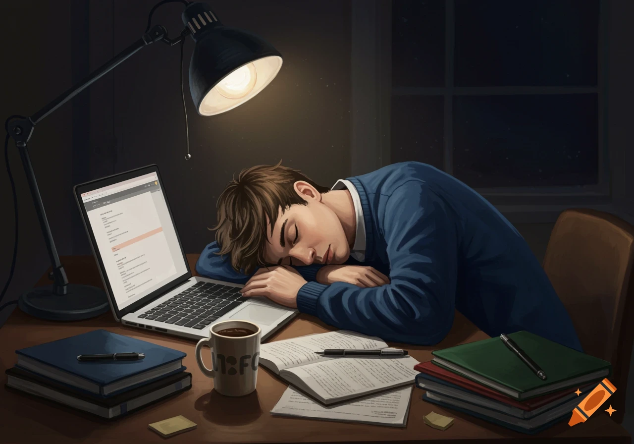A high school student sleeps on a cluttered desk under a bright desk lamp, laptop open.