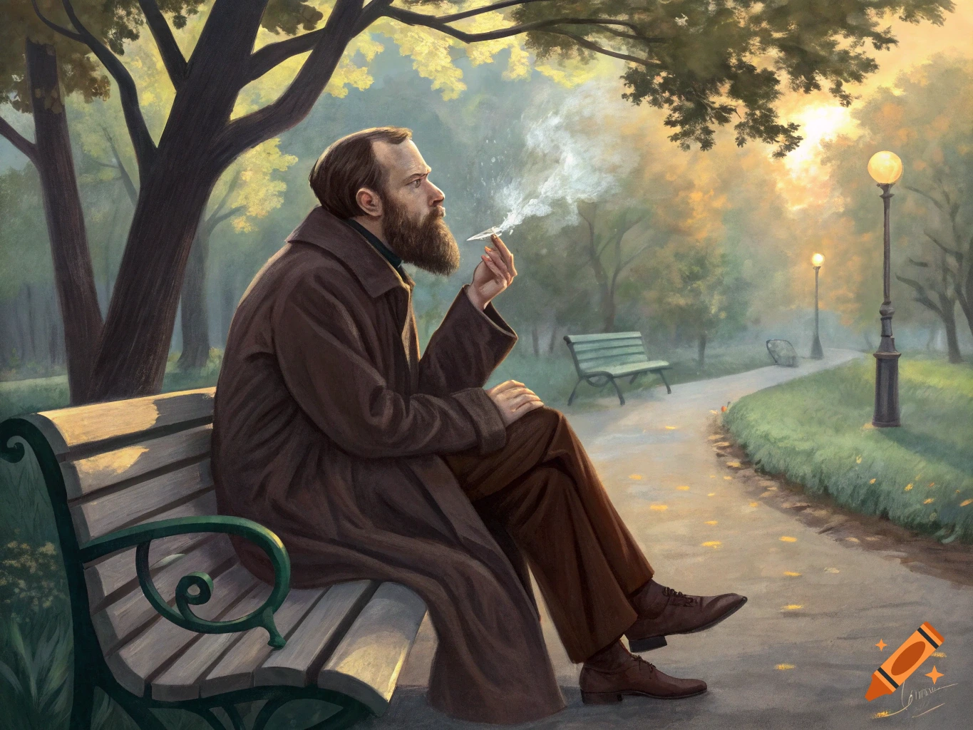 Painting of Fedor Dostoevsky sitting on a park bench, smoking. Impressionist style.