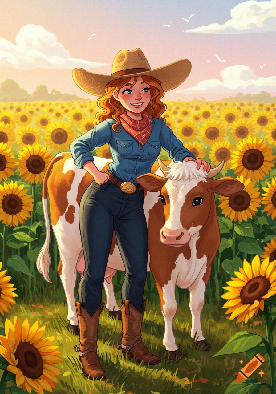 An illustration of a cowgirl and a cow standing in a field of sunflowers.