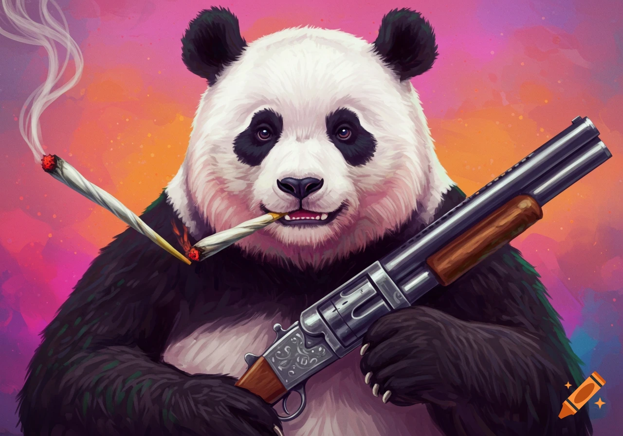 A panda smokes blunts and holds a double-barrel shotgun against a colorful background.